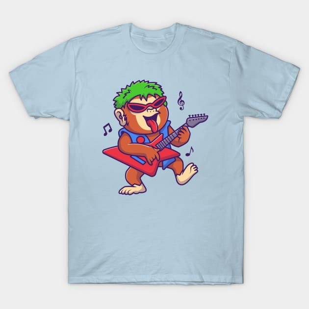 Cute Monkey Rocker Playing Guitar Music Cartoon T-Shirt by Catalyst Labs